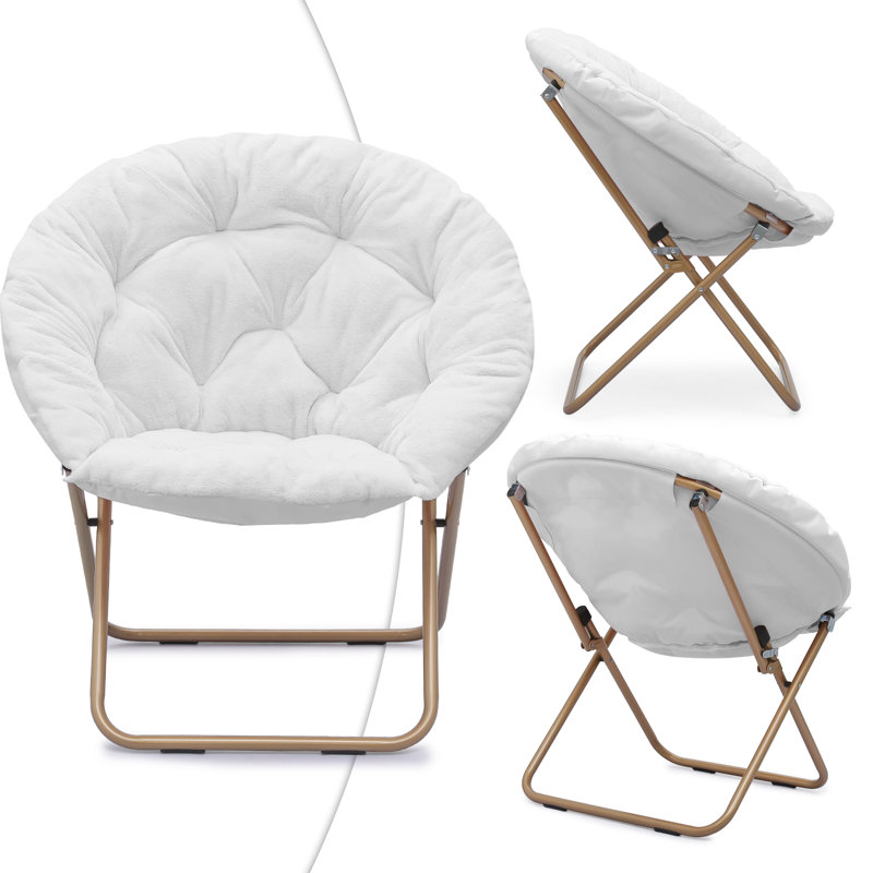 Marquice Folding Cozy Accent Chair with Ottoman, Saucer Chair with Footrest for Garden, Living Room, White Synthetic Fur