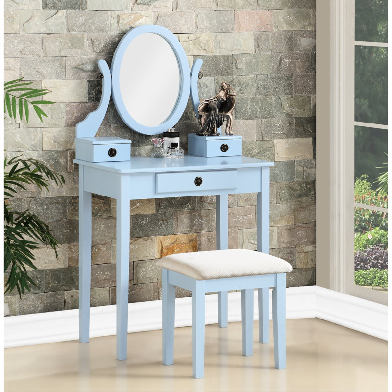 Table de coiffeuse en bois bleu et tabouret extraordinaire avec 3 tiroirs de rangement, miroir réglable - rangement de tiroir, miroir, siège