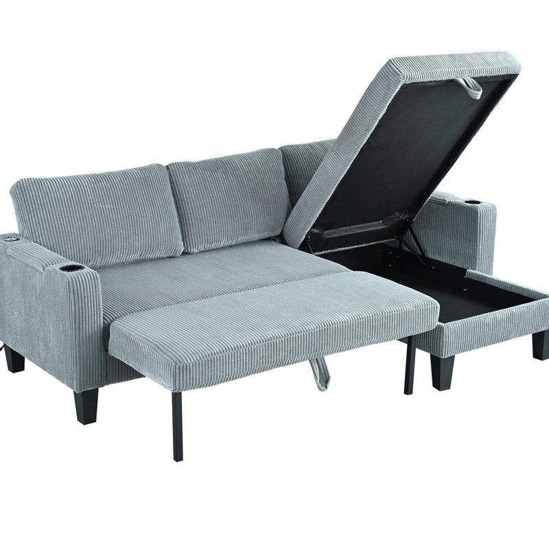 Gray Corduroy L-Shaped Sleeper With Reversible Design, Storage Chaise, And Charging For Living Room Bedroom - 84.4 In Depth, 51.09 Width, 34.97 Height, 114.32 Lb Weight 3 Arm Storage, Cup Holders