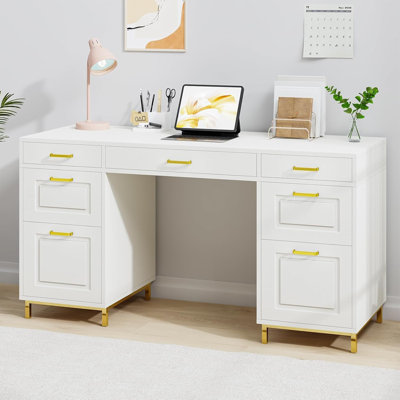 Computer Desk with 7 Drawers, 57 Inch Home Office Desk with File Drawers,Executive Desk with Golden Legs and Handles