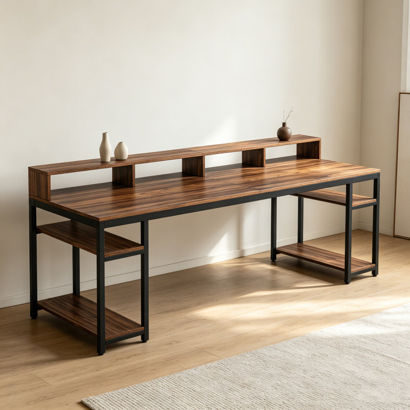 Two Person Desk, 78.7" Computer Desk With Monitor Stand And 4 Open Shelf