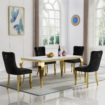 68" Luxury Faux Marble Dining Table Set, Modern Kitchen Table with Stainless Steel Pedestal, Modern Dining Room Table with Velvet Dining Chairs, Dinin