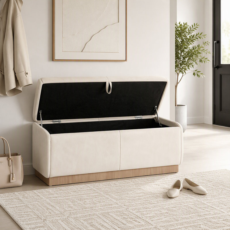 Velvet Upholstered Bench, Beige