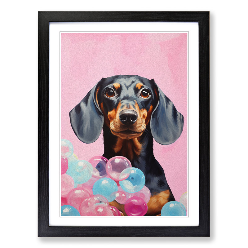 Dachshund Bubble Gum No.3 - Single Picture Frame Print on Wood, 46cm H x 34cm W x 2cm D, Black