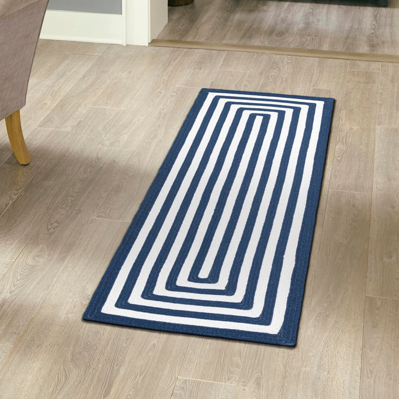 Kozan Geometric Handmade Flatweave Recycled P.E.T. Indoor / Outdoor Area Rug in Navy/White, Runner 2' x 8'