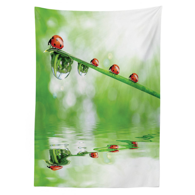 Ladybugs Tablecloth, Ladybugs On A Stem Over The Water Striped Animals Fresh Environmental Life Image, Rectangular Table Cover For Dining Room Kitchen Decor, 52" X 70", Red Green
