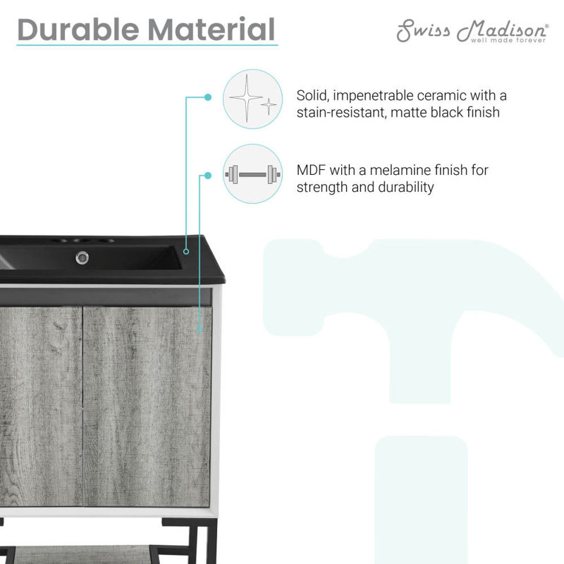 Marseille 24 In. Gray Oak Bathroom Vanity With 3-Hole Ceramic Sink Top, Black