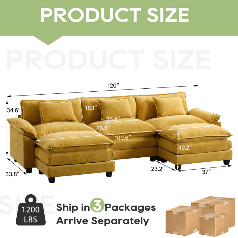 Canapé modulaire en U avec deux repose-pieds de 120 po Praylow, Chenille jaune