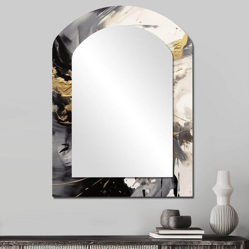 Miroir mural décoratif abstrait asymétrique doré et gris Fusion IV, 34 po x 25 po