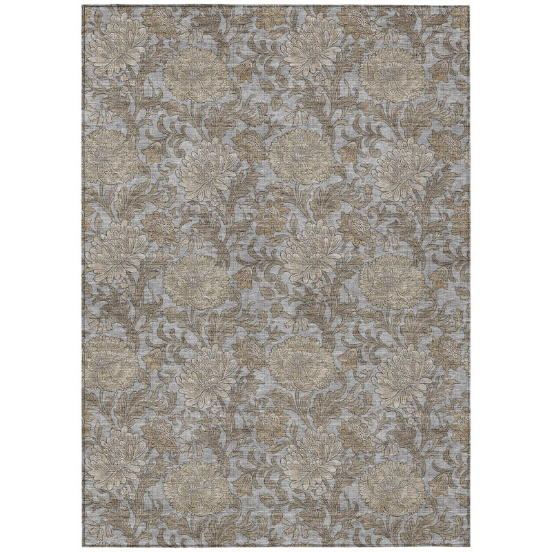 5' X 8' Silver Floral Washable Indoor Outdoor Area Rug