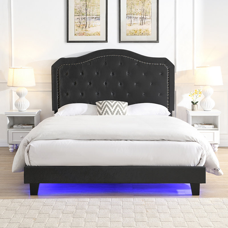 Bouton de lit rembourré capitonné avec un design incurvé - Assemblage facile - Velours noir - Avec lit plateforme à lumière DEL - Grand lit