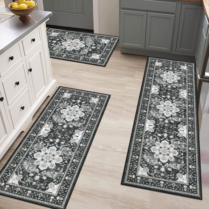 Kitchen Rug Set(3 Piece), Black
