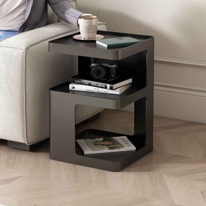 Black Modern 3-Tier Metal Side Table With Storage