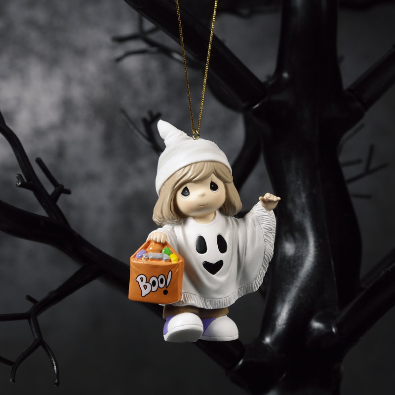 Little Girl Ghost Halloween Resin Ornament with Treat Bag