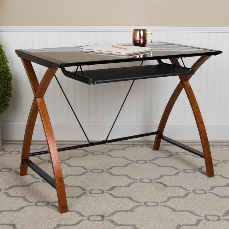 Glass Computer Desk with Pull-Out Keyboard Tray and Crisscross Frame, Clear/Wood Grain