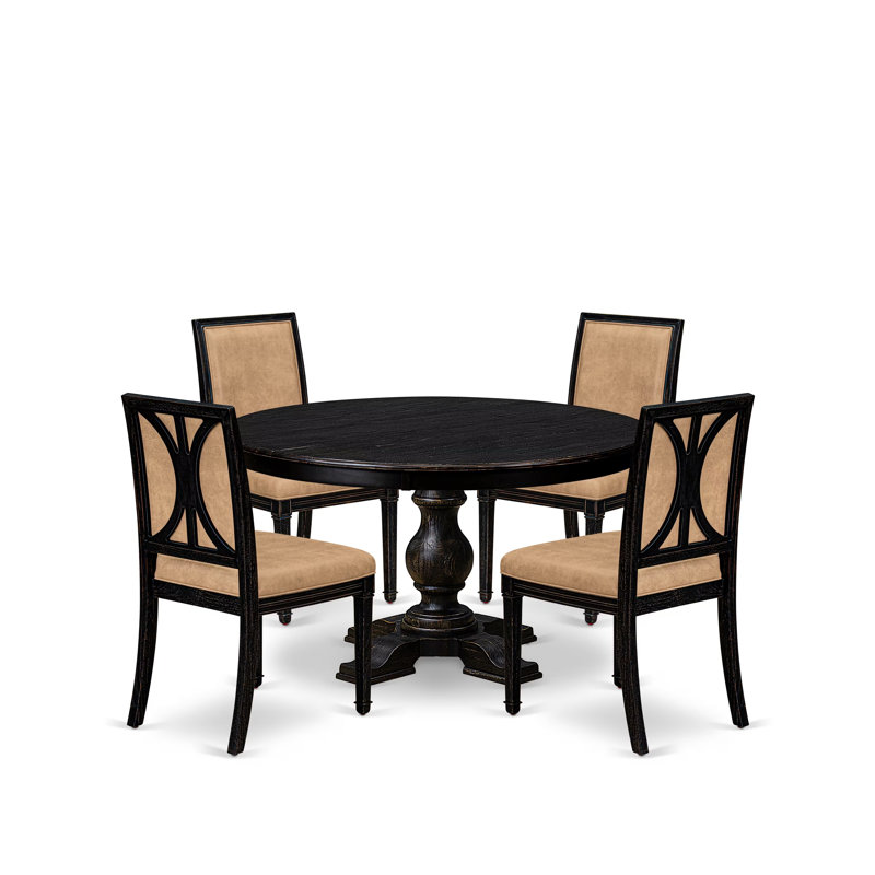 L'ensemble de table de salle à manger moderne 5 pièces se compose d'une table de salle à manger et de 4 chaises de salle à manger modernes en tissu de polyester beige avec dossier haut - fini noir sablé