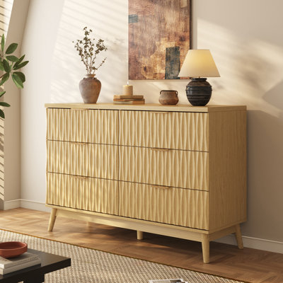Commode double à 6 tiroirs Adkins, large commode en bois cannelée l 47,2 po avec rangement moderne pour chambre à coucher, salon et vestibule