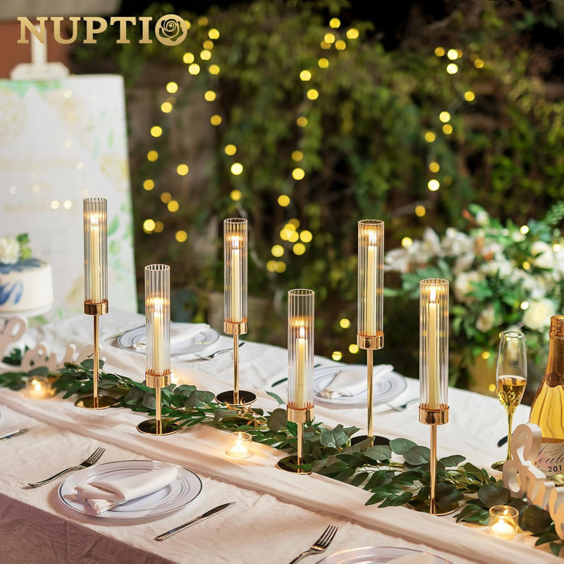 Hurricane Candle Holders Set Of 6 - Tall Metal Taper Candle Stick Holders With Ribbed Glass Covers For Wedding Centerpiece, Living Room, Birthday Decor