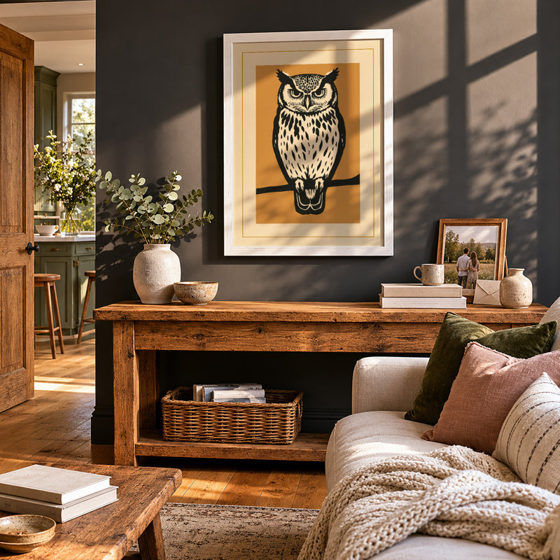 Watchful Owl Japandi - Framed Print, A4 - 29.7 x 21.0 cm, White