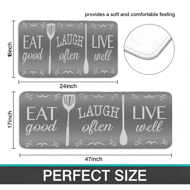 Light Grey Eat Laugh Live Cutlery Print 2 Piece Kitchen Mats for Casual Kitchen, Farm Hallway