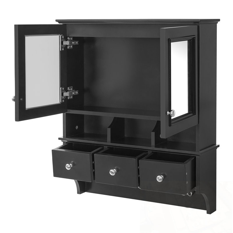 Armoire de rangement murale à miroir avec tablette ouverte et 3 tiroirs, Noir
