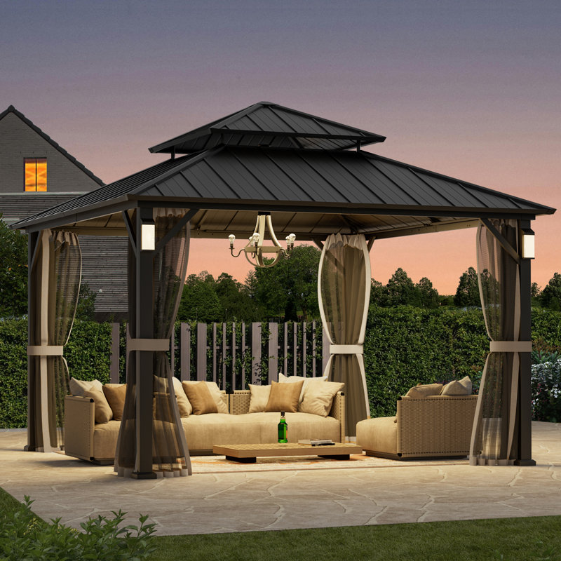 Hamilton 12' x 12' Hard Top Gazebo With Solar Self Powered LED Lights, Mosquito Netting And Canopy Hook, Black