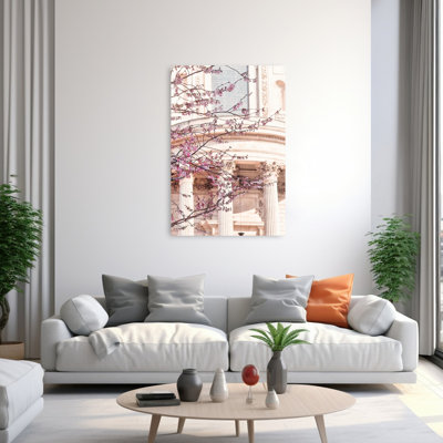 Affiche murale représentant un édifice classique à fleurs roses, une architecture contemporaine abstraite et une ville