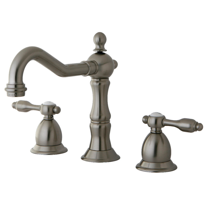 Kingston Brass Tudor Two-Handle 3-Hole Deck Mount Widespread Bathroom Faucet with Brass Pop-Up Drain, Brushed Nickel