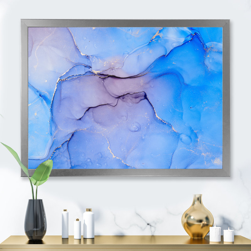 «Blue and Pink Marble Ink Clouds III», peinture sur toile, H 34 po x l 44 po x P 1,5 po, Cadre photo argenté