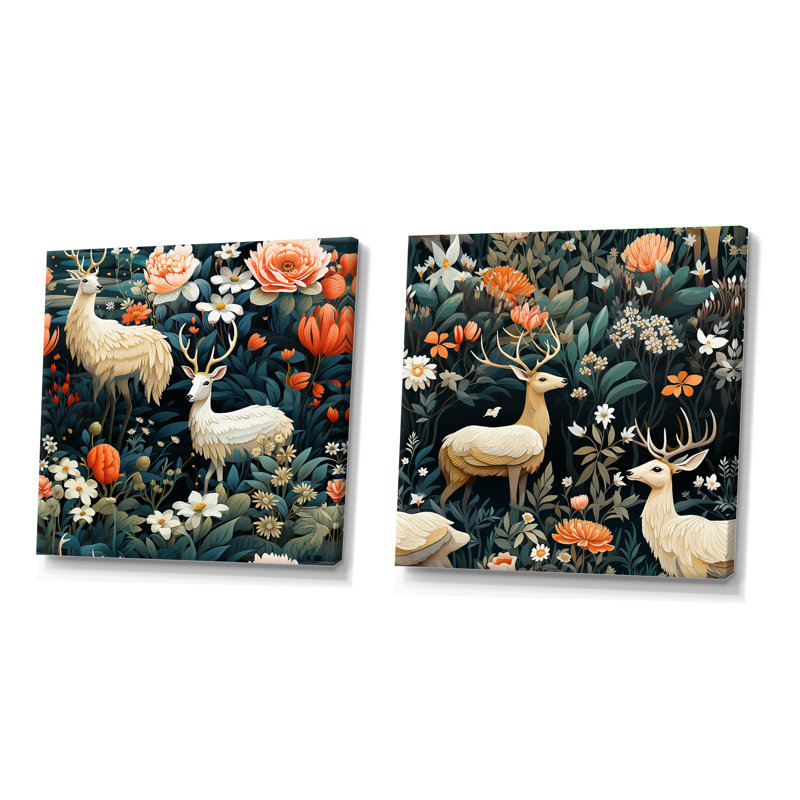 Faune, forêt, cerf, motif animal - ensemble de 2 animaux, Toile tendue, H 36 po x l 73 po