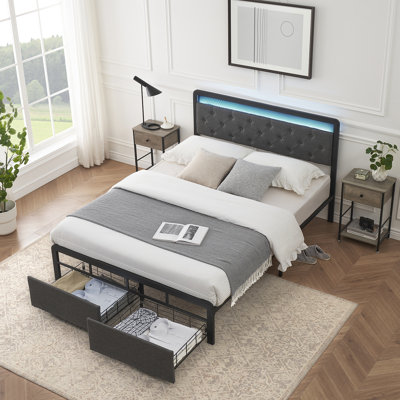  Modern Storage Bed Frame with LED Lights - Upholstered Platform, Button Tufted Headboard, 2 Drawers, Strong Metal & Wooden Slats Support, Noise-Free, Easy Assembly