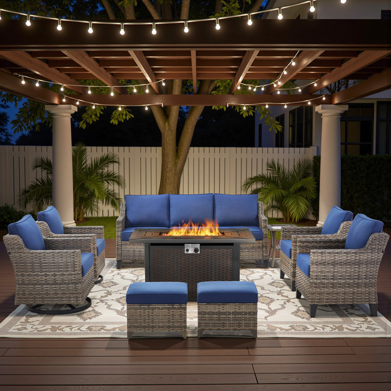 9 - Person Outdoor Wicker Patio Conversation Furniture Sofa Set With Swivel Chairs & Fire Pit Table, Blue