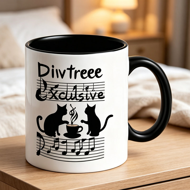 Cute Ceramic Mug with Cartoon Black Cats Music Note Coffee Design - Perfect Gift for Cat Lovers on Birthday, Christmas.