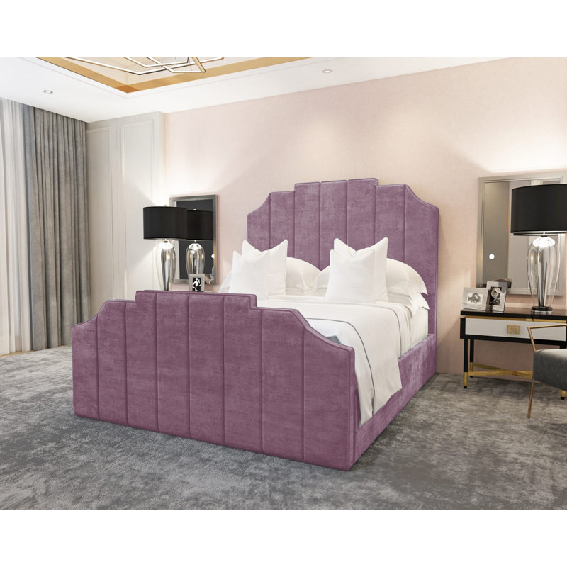 Annalei Regal Velvet Upholstered Bed Frame - Shaped Headboard, Chrome Feet, Kingsize (5'), Purple