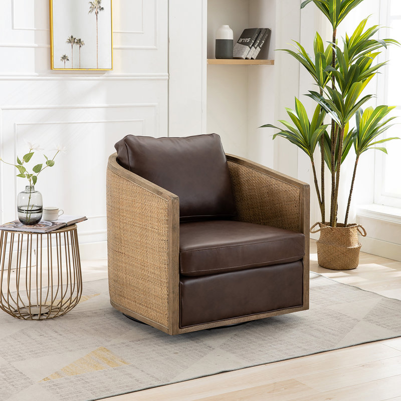 Fauteuil demi-tonneau pivotant de 30,12 po Bartly, Cuir brun foncé