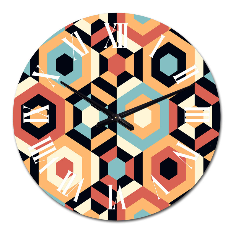 Horloge murale rétro à motif géométrique rétro bleu et orange, Médium