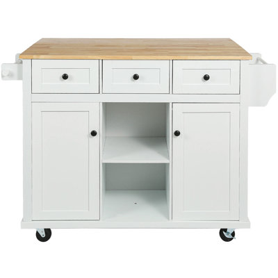Kitchen Island With Large Tabletop, Drop Countertop & Metal Support, White Drawers And Locking