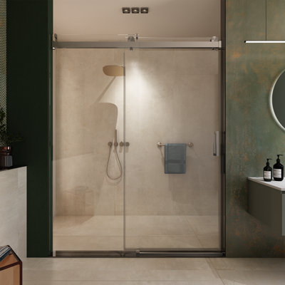 Single Sliding Frameless Shower Door 56" - 60" W x 76" H with with SGCC Thick Tampered Glass, Soft-Close, Explosion-Proof Film
