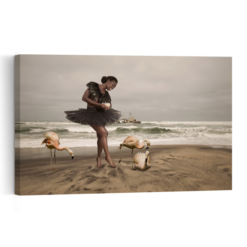 Ballerina And Beach Flamingos Dramatic Elegant Surreal Bird Flamingo Coastal Wall Art Print 1 Piece Wrapped Canvas Wall Art