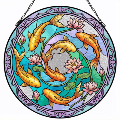 Koi Fish Stained Glass Window Panel，12"H