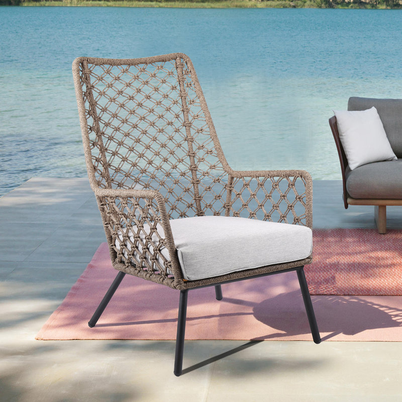 Marco Indoor Outdoor Steel Lounge Chair With Truffle Rope And Gray Cushion, White