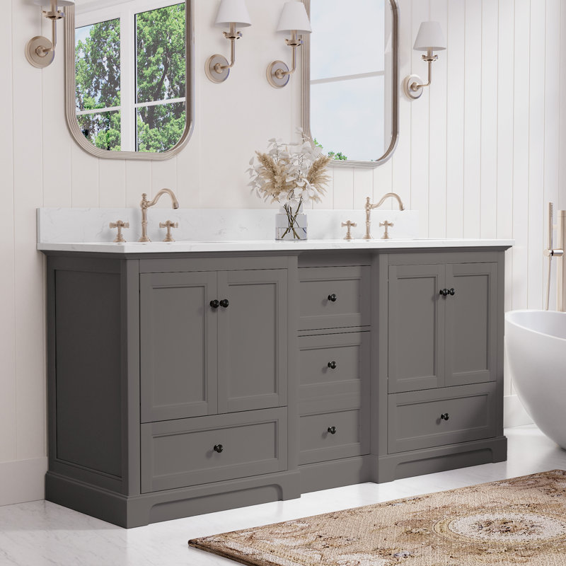 Meuble-lavabo double 72 po avec lavabos sous-comptoir en céramique, armoire en panneau de fibres à densité moyenne, tiroirs à fermeture en douceur et comptoir de style marbre