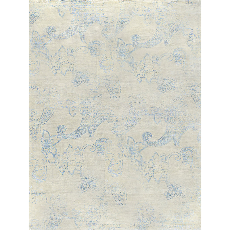 Tapis argent et bleu noué à la main de haute qualité
