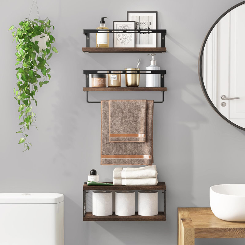 3+1 Tier Wall Mounted Rustic Wood Floating Shelf With Metal Frame And Towel Bar, Dark Brown