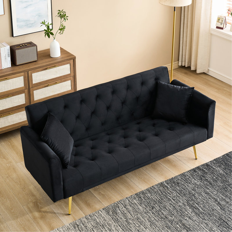 Lit double pliable de style rétro américain de 71 pouces en velours noir, idéal pour les petits espaces comme les appartements, réglable en 3 positions, avec pieds dorés, siège et dossier rembourrés de mousse en velours noir, pouces