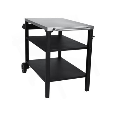 3-Tier Outdoor Grill Cart With Stainless Steel Top & Side Shelf, Movable BBQ Prep Table With Wheels, Rolling Serving Bar Cart For Patio, Backyard, Pizza Oven Stand, Black