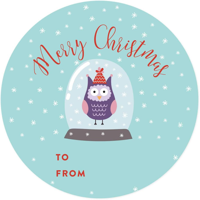Étiquettes-cadeaux de Noël rondes en forme de cercle, globe de neige hibou, joyeux Noël à, paquet de 40