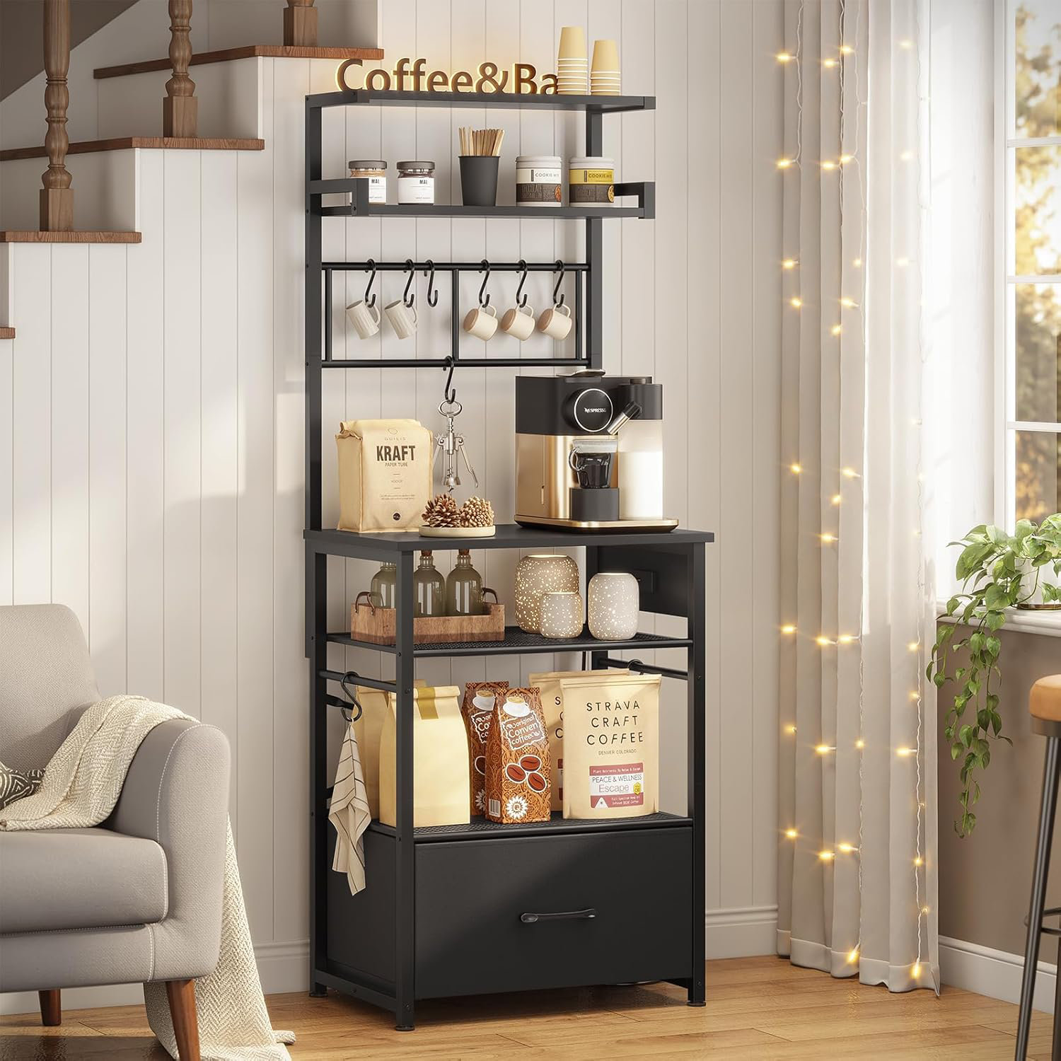 Ebern Designs 6 Tier Bakers Rack, Coffee Station With Power Outlet ...