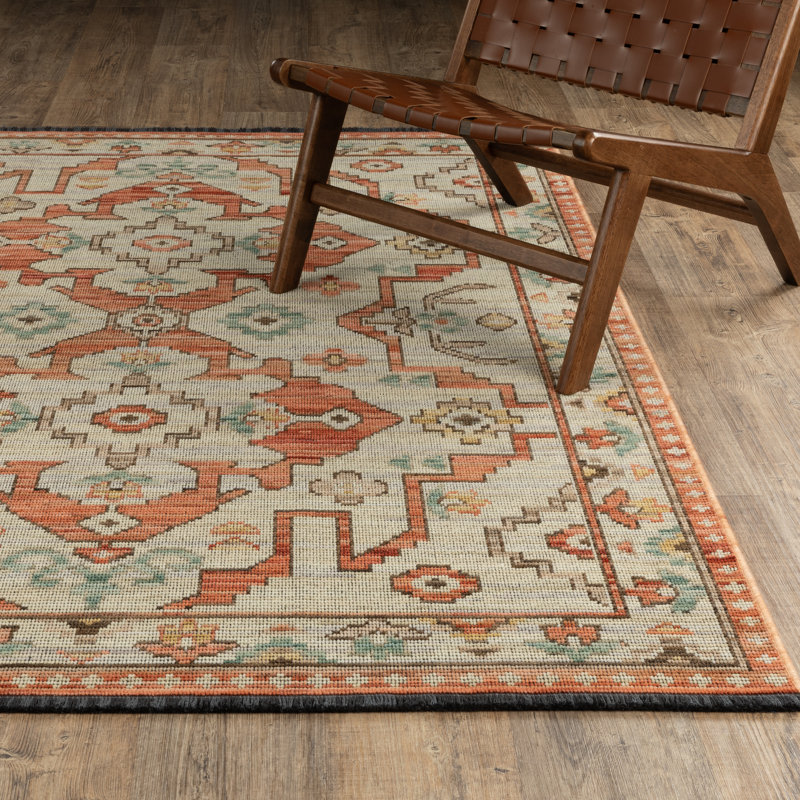 Tincie Global Bohemian Medallion Terracotta / Blue Wool Blend Area Rug, Rectangle 3'3" x 5', Terracotta / Blue