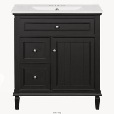 Meuble-lavabo autoportant de 30 po avec comptoir d'évier, armoire en bois massif et panneau de fibres à densité moyenne avec 1 tiroir rabattable et 2 tiroirs, tablette réglable, vert